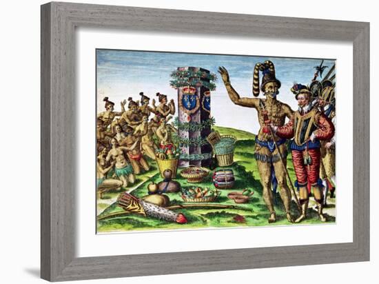 Rene Goulaine De Laudonniere (circa 1529-82) and Chief Athore in Front of Ribault's Column-Jacques Le Moyne-Framed Giclee Print