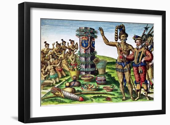 Rene Goulaine De Laudonniere (circa 1529-82) and Chief Athore in Front of Ribault's Column-Jacques Le Moyne-Framed Giclee Print