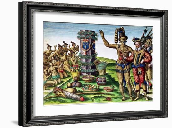 Rene Goulaine De Laudonniere (circa 1529-82) and Chief Athore in Front of Ribault's Column-Jacques Le Moyne-Framed Giclee Print