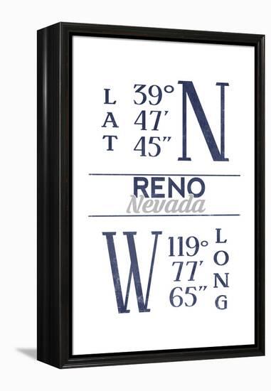 Reno, Nevada - Latitude and Longitude (Blue)-Lantern Press-Framed Stretched Canvas