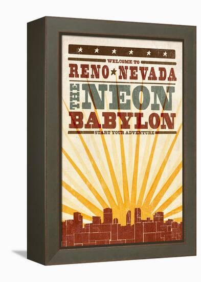 Reno, Nevada - Skyline and Sunburst Screenprint Style-Lantern Press-Framed Stretched Canvas