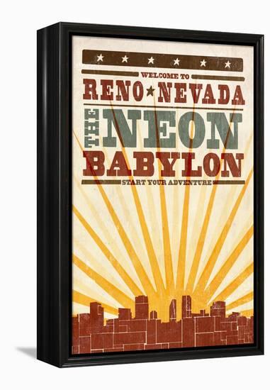 Reno, Nevada - Skyline and Sunburst Screenprint Style-Lantern Press-Framed Stretched Canvas