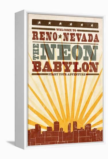 Reno, Nevada - Skyline and Sunburst Screenprint Style-Lantern Press-Framed Stretched Canvas