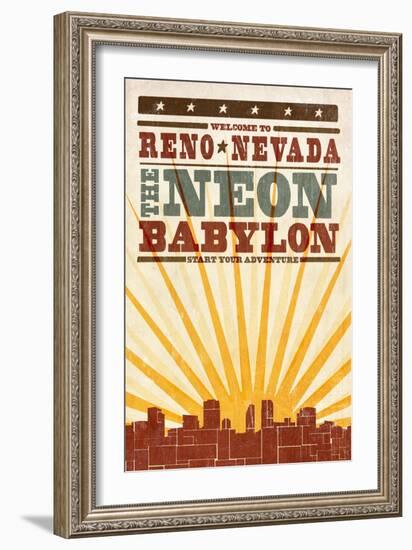 Reno, Nevada - Skyline and Sunburst Screenprint Style-Lantern Press-Framed Art Print