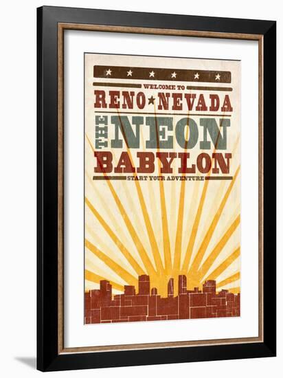 Reno, Nevada - Skyline and Sunburst Screenprint Style-Lantern Press-Framed Art Print