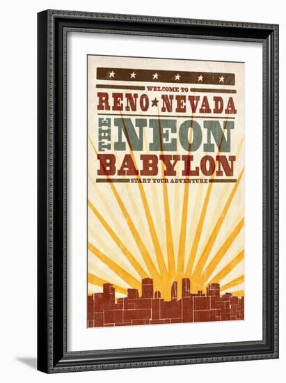 Reno, Nevada - Skyline and Sunburst Screenprint Style-Lantern Press-Framed Art Print