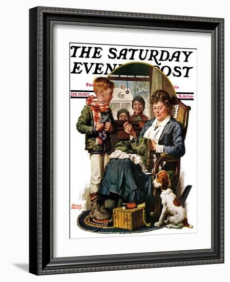 "Repairing Pants," Saturday Evening Post Cover, January 29, 1927-Frederic Stanley-Framed Giclee Print