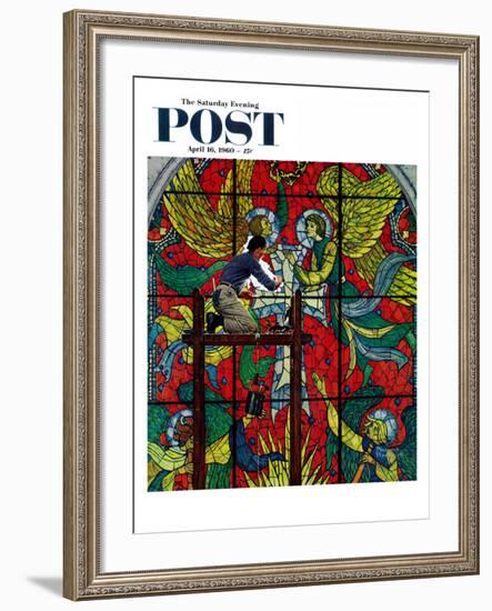 "Repairing Stained Glass" Saturday Evening Post Cover, April 16,1960-Norman Rockwell-Framed Giclee Print