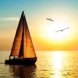 Yacht Sailing against Sunset. Holiday Lifestyle Landscape with Skyline Sailboat and Two Seagull. Ya-Repina Valeriya-Mounted Photographic Print