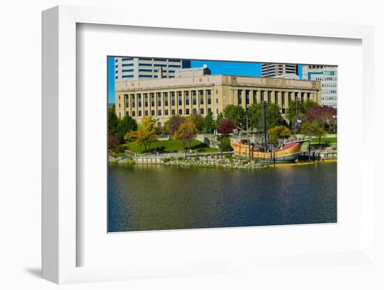 Replica of Columbus' ship the Santa Maria on Scioto River, Columbus Ohio skyline in autumn-null-Framed Photographic Print