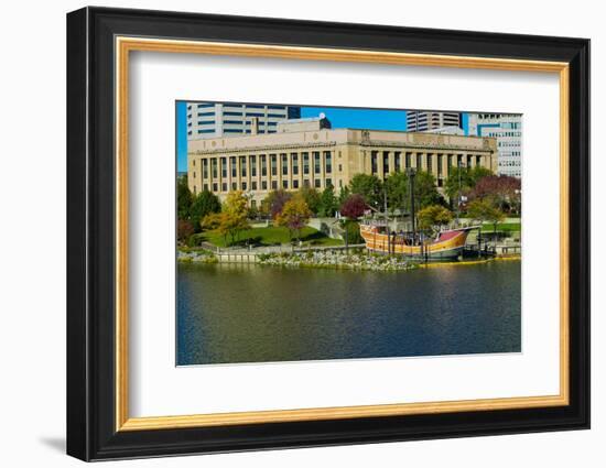 Replica of Columbus' ship the Santa Maria on Scioto River, Columbus Ohio skyline in autumn-null-Framed Photographic Print