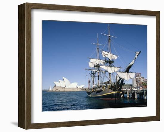 Replica of H.M.S. Bounty and Sydney Opera House, Sydney, New South Wales (N.S.W.), Australia-Amanda Hall-Framed Photographic Print