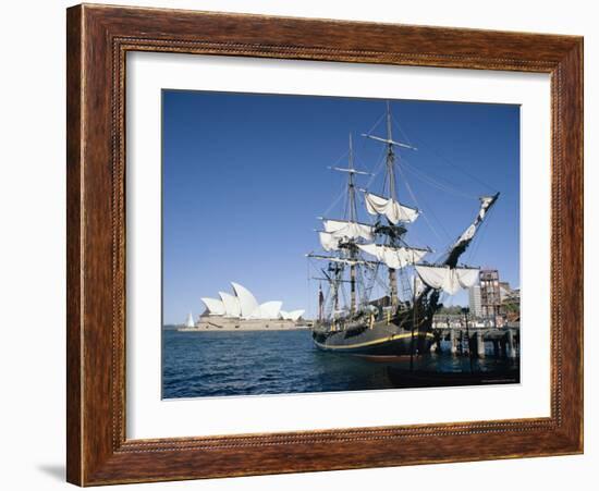 Replica of H.M.S. Bounty and Sydney Opera House, Sydney, New South Wales (N.S.W.), Australia-Amanda Hall-Framed Photographic Print