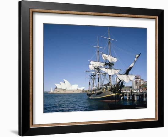 Replica of H.M.S. Bounty and Sydney Opera House, Sydney, New South Wales (N.S.W.), Australia-Amanda Hall-Framed Photographic Print