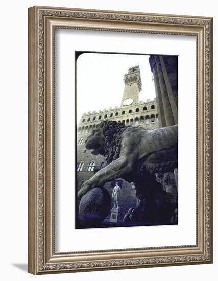 Replica of the David under Belly of Roman Lion in Piazza Della Signoria, Florence-Michelangelo Buonarroti-Framed Photographic Print