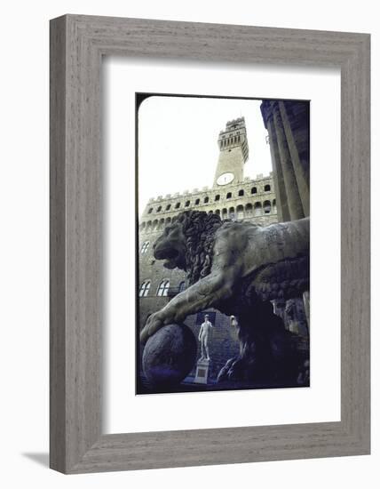 Replica of the David under Belly of Roman Lion in Piazza Della Signoria, Florence-Michelangelo Buonarroti-Framed Photographic Print