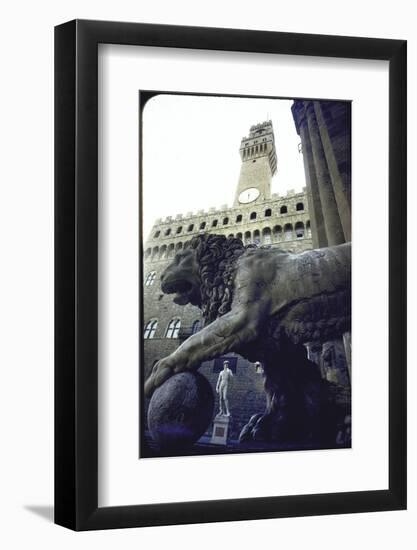 Replica of the David under Belly of Roman Lion in Piazza Della Signoria, Florence-Michelangelo Buonarroti-Framed Photographic Print