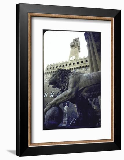 Replica of the David under Belly of Roman Lion in Piazza Della Signoria, Florence-Michelangelo Buonarroti-Framed Photographic Print