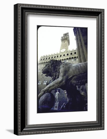 Replica of the David under Belly of Roman Lion in Piazza Della Signoria, Florence-Michelangelo Buonarroti-Framed Photographic Print