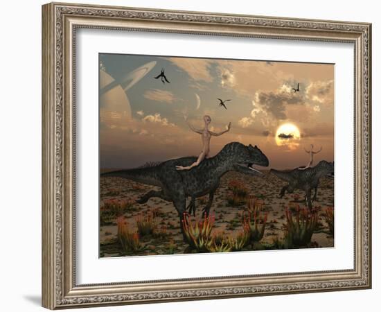 Reptoids Race Allosaurus Dinosaurs across the Desert-Stocktrek Images-Framed Photographic Print