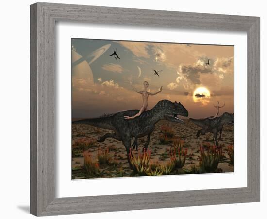 Reptoids Race Allosaurus Dinosaurs across the Desert-Stocktrek Images-Framed Photographic Print