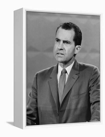 Repub. Presidential Candidate Richard Nixon speaks with Dem. Candi. John Kennedy in TV Studio-Francis Miller-Framed Premier Image Canvas