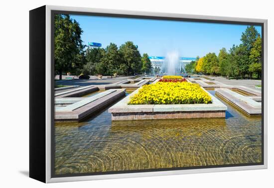 Republic Square Park, water spraying from fountain, Almaty, Kazakhstan, Central Asia, Asia-G&M Therin-Weise-Framed Premier Image Canvas
