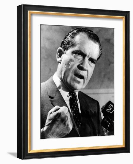 Republican Presidential Candidate Richard Nixon Speaking with a Clenched Fist on April 20, 1968-null-Framed Photo