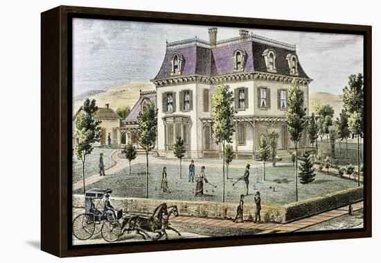 Residential Home with the Family Playing Cricket-Tarker-Framed Premier Image Canvas