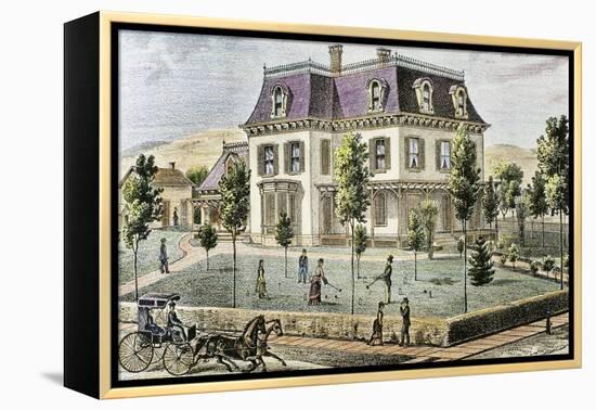 Residential Home with the Family Playing Cricket-Tarker-Framed Premier Image Canvas
