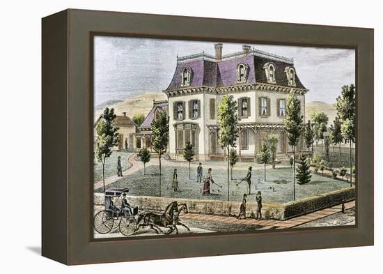 Residential Home with the Family Playing Cricket.-Tarker-Framed Premier Image Canvas