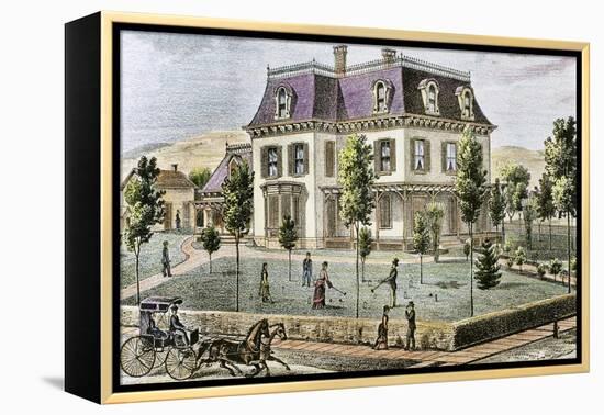 Residential Home with the Family Playing Cricket.-Tarker-Framed Premier Image Canvas