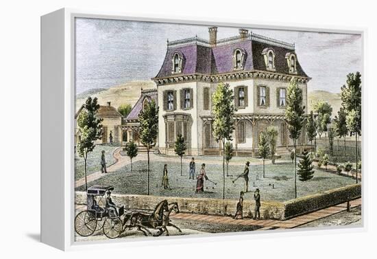 Residential Home with the Family Playing Cricket.-Tarker-Framed Premier Image Canvas