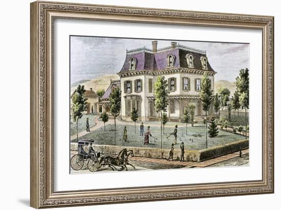 Residential Home with the Family Playing Cricket.-Tarker-Framed Giclee Print