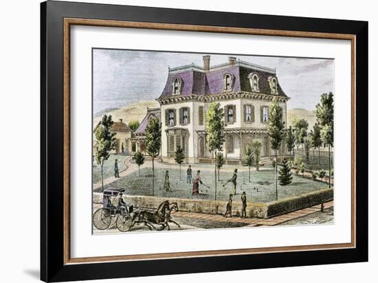Residential Home with the Family Playing Cricket.-Tarker-Framed Giclee Print