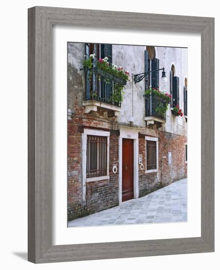 Residential Side Street Decorated with Flowers, Venice, Italy-Dennis Flaherty-Framed Photographic Print