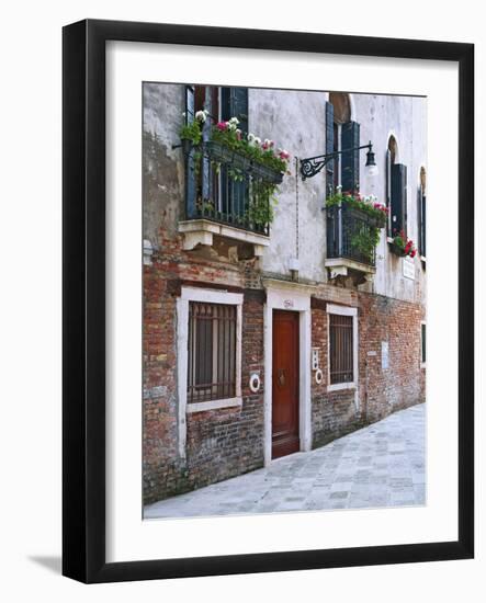 Residential Side Street Decorated with Flowers, Venice, Italy-Dennis Flaherty-Framed Photographic Print