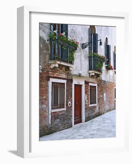 Residential Side Street Decorated with Flowers, Venice, Italy-Dennis Flaherty-Framed Photographic Print