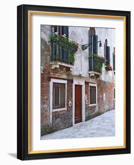 Residential Side Street Decorated with Flowers, Venice, Italy-Dennis Flaherty-Framed Photographic Print