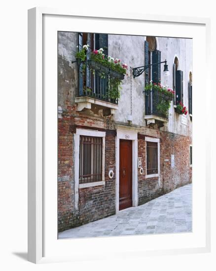 Residential Side Street Decorated with Flowers, Venice, Italy-Dennis Flaherty-Framed Photographic Print