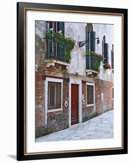 Residential Side Street Decorated with Flowers, Venice, Italy-Dennis Flaherty-Framed Photographic Print