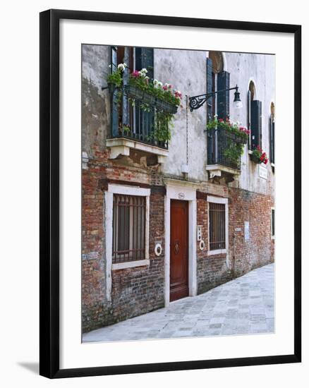 Residential Side Street Decorated with Flowers, Venice, Italy-Dennis Flaherty-Framed Photographic Print