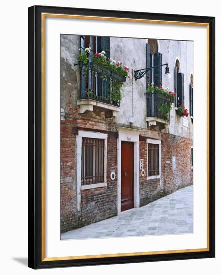 Residential Side Street Decorated with Flowers, Venice, Italy-Dennis Flaherty-Framed Photographic Print