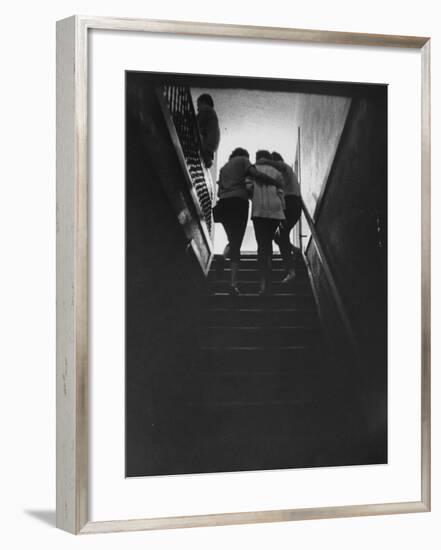 Residents Escorting a Newly Arriving Drug Addict at Synanon House for Rehabilitation-null-Framed Photographic Print