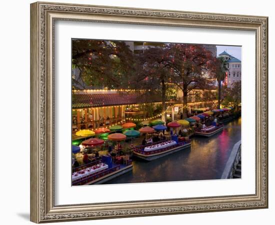 Restaurant Along a River Lit Up at Dusk, San Antonio River, San Antonio, Texas, USA-null-Framed Photographic Print