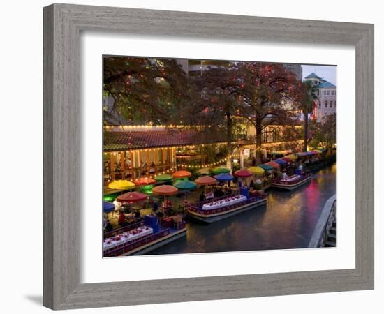 Restaurant Along a River Lit Up at Dusk, San Antonio River, San Antonio, Texas, USA-null-Framed Photographic Print