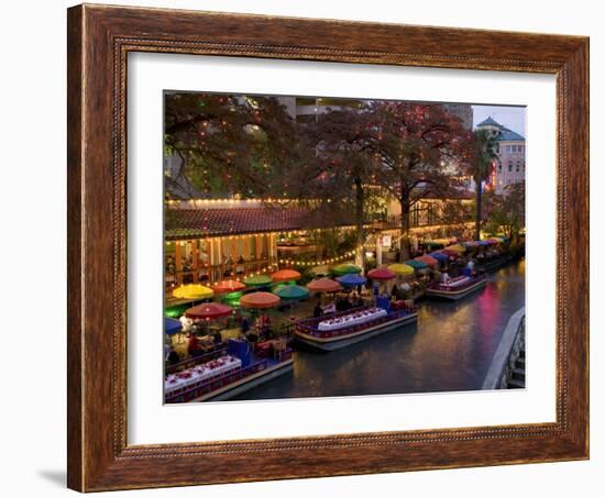 Restaurant Along a River Lit Up at Dusk, San Antonio River, San Antonio, Texas, USA-null-Framed Photographic Print