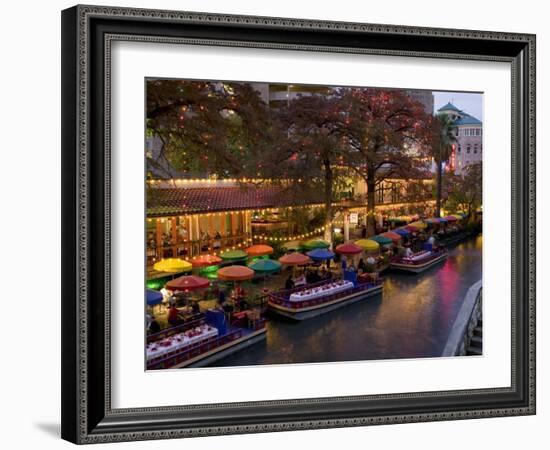 Restaurant Along a River Lit Up at Dusk, San Antonio River, San Antonio, Texas, USA-null-Framed Photographic Print