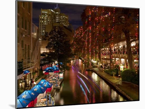 Restaurant Along a River Lit Up at Dusk, San Antonio River, San Antonio, Texas, USA-null-Mounted Photographic Print