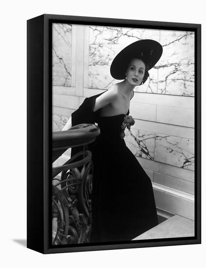 Restaurant Fashions: Cartwheel Hat, Strapless Evening Dress and Stole-Nina Leen-Framed Premier Image Canvas